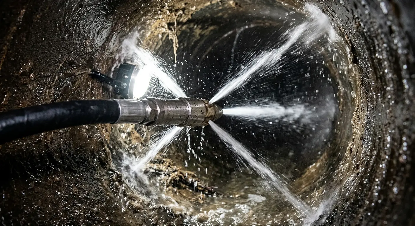 High-pressure hydro jetting nozzle cleaning sewer pipe for Sewer Cleanout in City of Orange