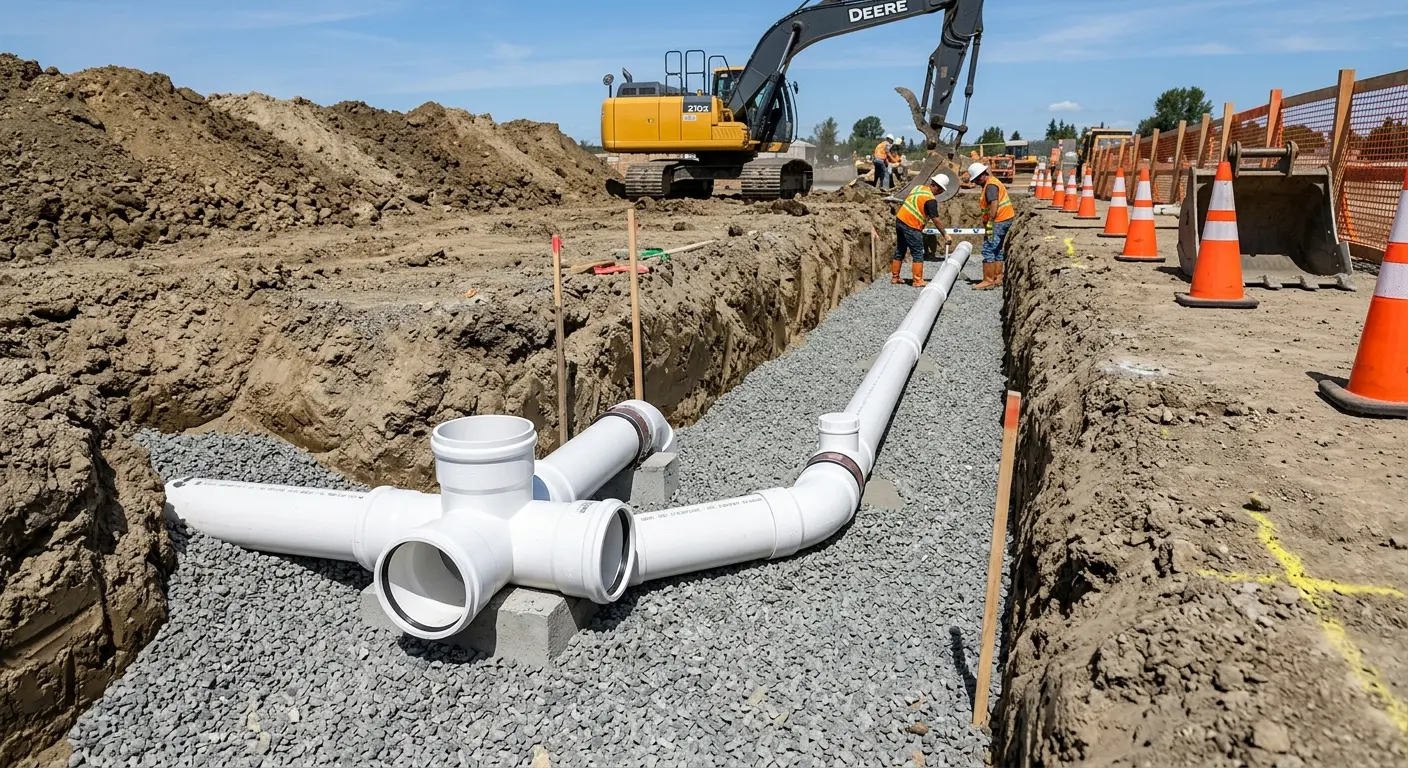 New PVC sewer pipe installation in open trench for Sewer Backup in City of Orange