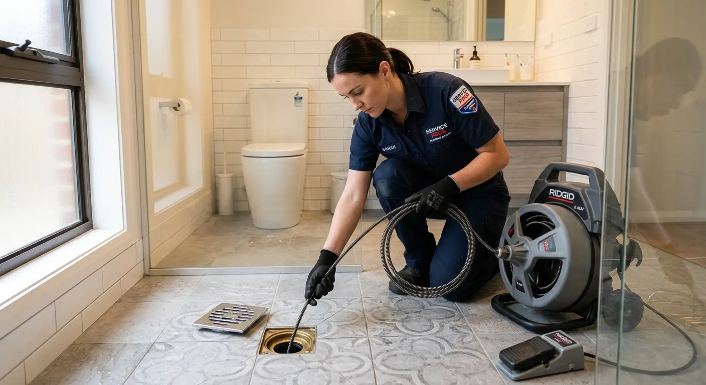 Technician clearing a bathroom floor drain for Sewer Line Installation in City of Orange